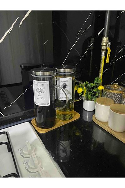 Amentes Steel Lid Vacuum Borosilicate 2 Glass Oil Bottles 1 Base Set of 3 Oil Bottle Sticker Gift