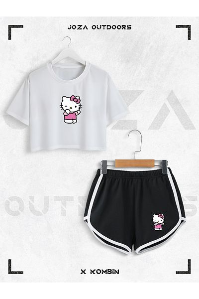 Jobia Outdoors Women's Hello Kitty Printed Design Summer Oversize Crop and Bias Shorts 2 Piece Set