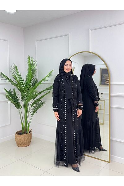 VALENS BOUTİQUE Γυναικείο Σετ Hijab Abaya, Μακρυμάνικο Φόρεμα και Τούλι Abaya
