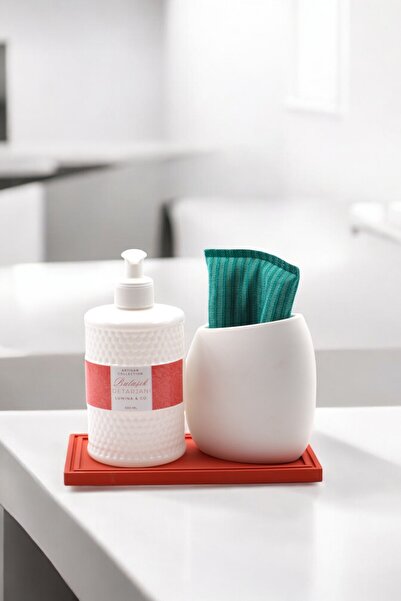 LUMİNA 3’lü Mutfak Düzenleyici Set – Kiremit Rengi Alt Tabla, Beton Süngerlik...