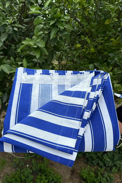 Monami Lüks Mavi-Beyaz Elegance EnxBoy Bağcıklı Balkon Perdesi