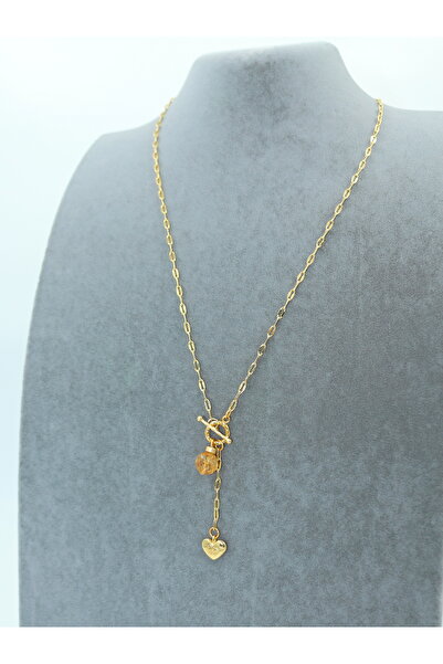 Yelda's AA++ Sitrin Doğal Taşlı Altın kaplama Kadın Kolye - kalp - 25ZK001