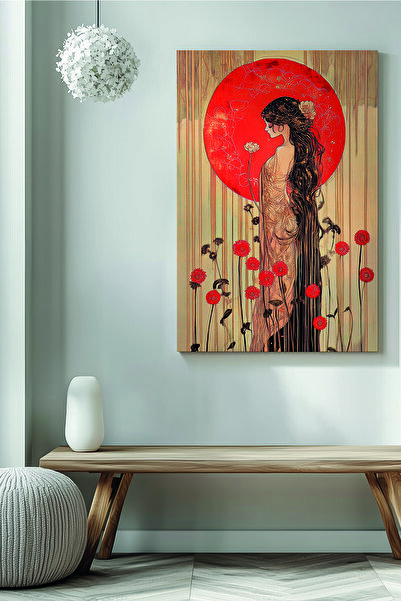 Store Doğan Güneşin Altında Uzun Saçlı Kadın ve Çiçekler Premium Kanvas Tablo