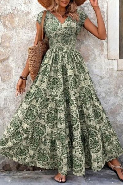 Mossta Patterned Double Breasted Collar Short Sleeve Maxi Length Single Jersey Dress - Patterned
