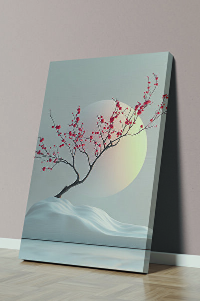 Store Minimalist Tasarımla Yükselen Kırmızı Kiraz Çiçeği 3 Parça Premium Kanvas Tablo