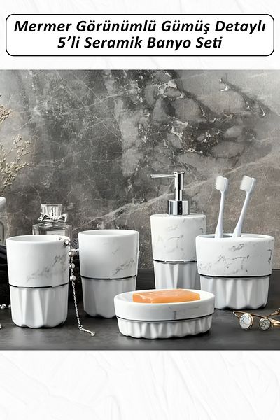 color house Σετ μπάνιου 5 τεμαχίων Marble Look Ασημί Λεπτομερές Κεραμικό Σετ Μπάνιου - BN02