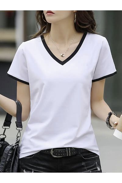 LG LAGULER Casual Stylish Comfortable Fit Contrast Striped V-Neck Short-Sleeved Summer-T-Shirt for Ladies with Black Accents