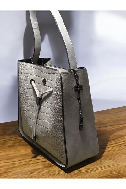 Jagu Women's Gray Chain Cross Strap Puppy Crocodile Patterned Quality Modern Stylish Handbag and Shoulder Bag