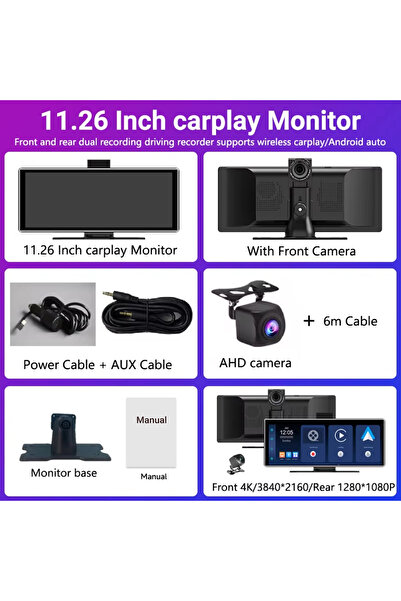 Choice كاميرا لوحة القيادة المحمولة الجديدة ذات العدسة المزدوجة مقاس 11.26 بوصة بدقة 4K وشاشة تعمل باللمس IPS وCarPlay اللاسلكي وAndroid Auto