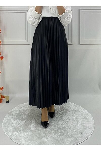 NUR TEKSTİL Kadın siyah beli lastikli Piliseli Deri Görünümlü standart etek 3...