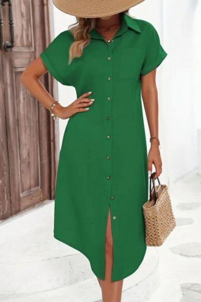 Mossta Shirt Collar Buttoned Short Sleeve Midi Dress - Green
