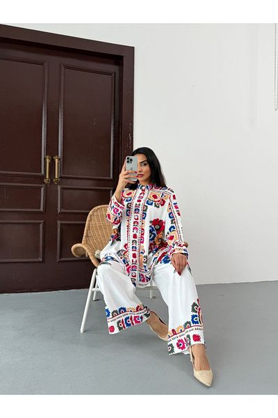 jennyfer garment Imported Jessica Fabric Shirt & Pants 2-Piece Suit-Red Floral-25100