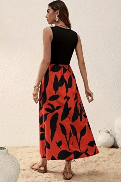 Mossta Sleeveless Patterned Long Single Jersey Dress - Red