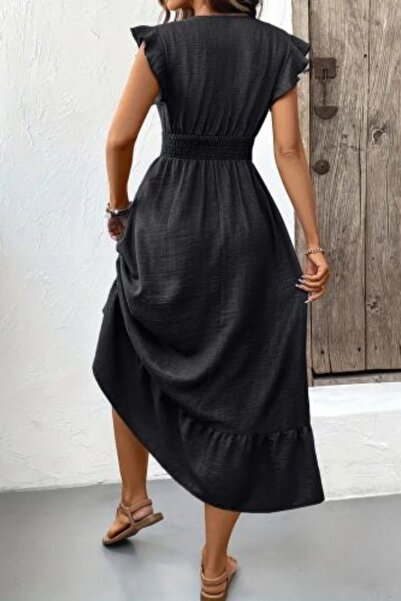 Mossta Double Breasted Collar Elastic Waist Aerobin Dress - Black