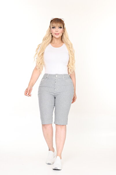 Era Lisa Striped Large Size Comfortable Fit Bermuda Shorts (Seamless Legs)