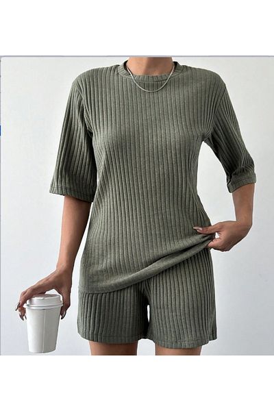 AKNButik Women's Short Sleeve Crew Neck Camisole Blouse Shorts Double Set