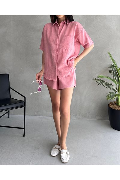 Fav Style Women's Aerobin Linen Short Sleeve Shirt and Shorts Bottom-Top Suit Pink