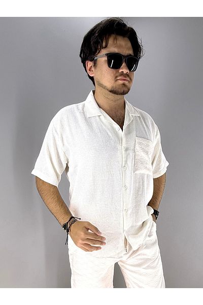 MARESHAL Mesh Woven and Jacquard Pocket Short Sleeve Shirt (Beige)