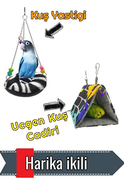 ozzipetshop Ucgen Kuş Papagan Dinlenme Cadiri - Pofuduk Zilli Kuş Salincak Yatak