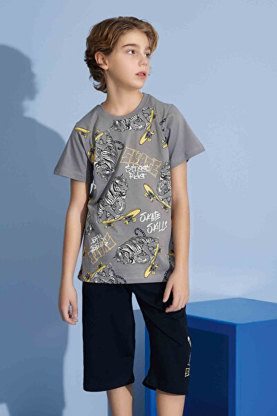 Tarık Хлопчачий футболка з принтом тигра, бермуди з трикотажу супрем, комір-стійка, піжама середньої щільності - 3975