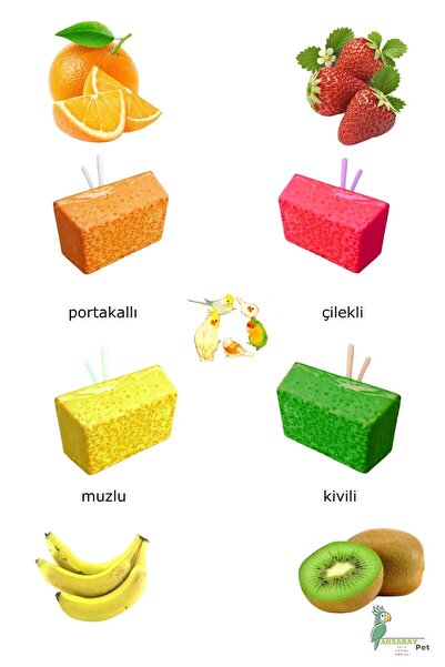 ozzipetshop Meyveli Gaga Taşı 4 Adet Muz Kivi Çilek Portakal Mineral Blok Kuş...