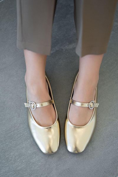 Parponi Amalia Women's Belt Detail Leather Ballerina Gold