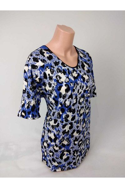 YAŞAR TRİKO Women's Black Blue U Neck Short Sleeve Patterned Slit Woven Viscose Mother Combed Cotton T-Shirt