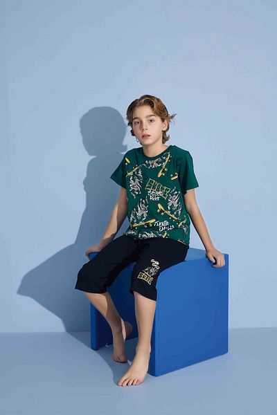 Tarık Male Child Tiger T-Shirt Bermuda Bottom Combed Single Jersey Crew Neck Medium Thick Pajamas Set-3975