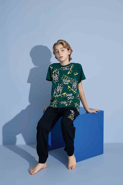 Tarık Male Child Tiger T-Shirt Long Bottom Combed Single Jersey Crew Neck Medium Thick Pajamas Set-3973