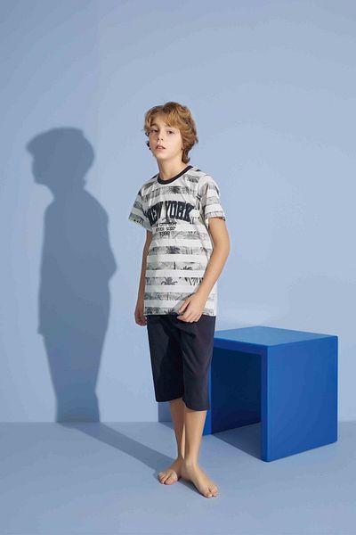 Tarık Male Child New York T-Shirt Bermuda Bottom Combed Single Jersey Crew Neck Medium Thick Pajamas Set-3926