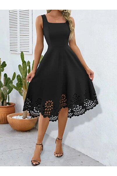 buğrahayalin Women's Strap Geometric Neckline Flower Laser Cut Imported Crepe Dress