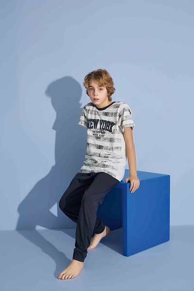 Tarık Boy's New York T-Shirt Long Bottom Combed Single Jersey Crew Neck Medium Thick Pajama Set-4004