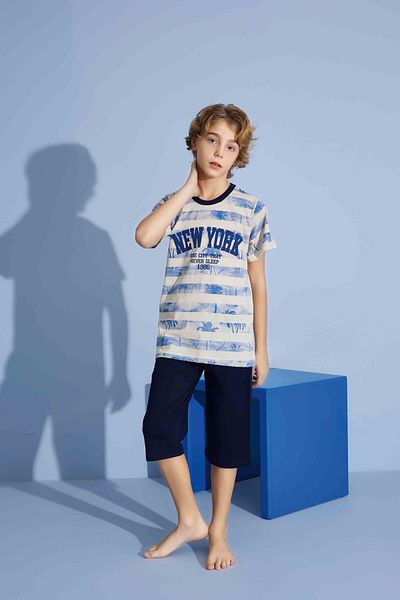 Tarık Boy's New York T-Shirt Bermuda Bottom Combed Single Jersey Crew Neck Medium Thick Pajama Set