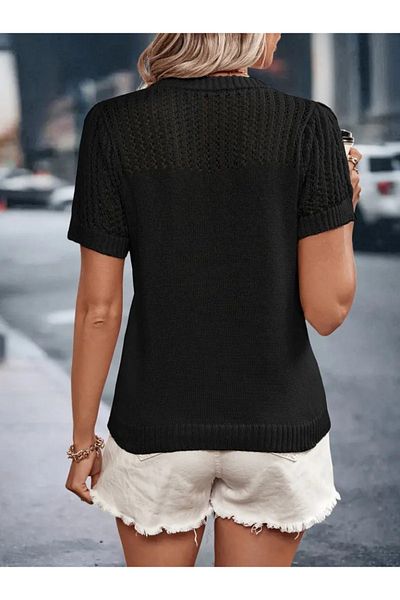 MRA Fashion Women's Short Sleeve Collar Detail Knitwear Blouse