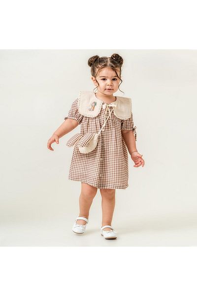 KIPIRIK BABY Girl's Pink Collar Rabbit Embroidered Checkered Patterned Rabbit Embroidered Bag Dress