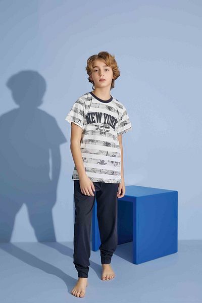 Tarık Boy's New York T-Shirt Long Bottom Combed Single Jersey Crew Neck Medium Thick Pajama Set-4004