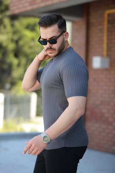 gelirr Men's Crew Neck Knit Patterned Short Knitted Knitwear Short Sleeve T-Shirt