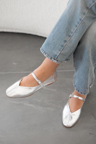Parponi Beijing Women's Belted Genuine Leather Ballerinas Silver