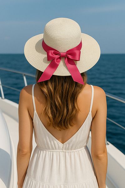 LAGRANZE Women's Ribbon Detailed Straw Hat Summer Wide Brim Beach Hat