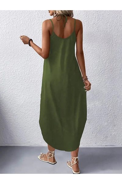 modaserdem Women's Strappy V-Neck Long Viscose Dress