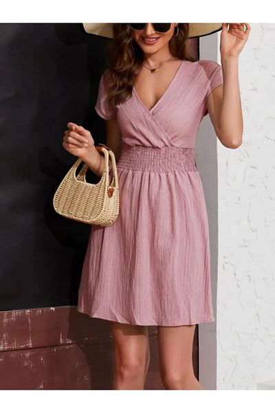 Simala Women's Short Sleeve Double Breasted Collar Tie Waist Wrap Dress