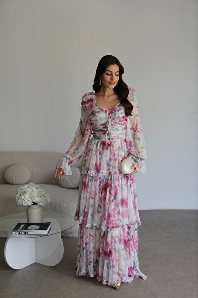 Julidress Chiffon Sweetheart Neckline Chest Binding Detailed Special Production Maxi Long Fold Premium Design Dress