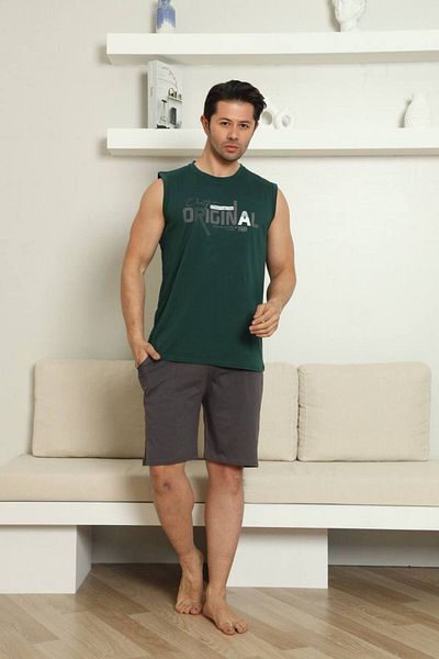 dealp Men's Khaki 100% Cotton Printed Tank Top Shorts Sleeveless Pocket Summer Pajama Set