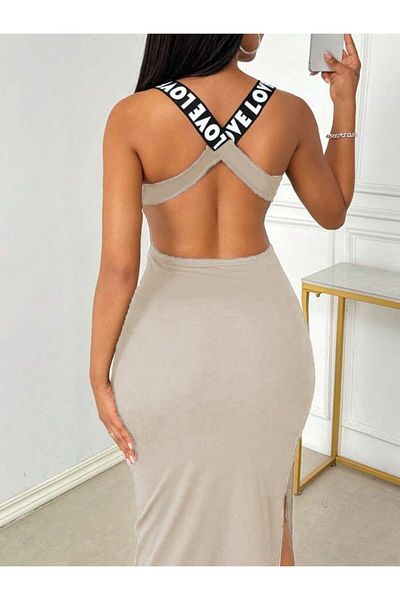 modaserdem Women's Round Neck Back Cross Stripe Love Detailed Slit Viscose Dress