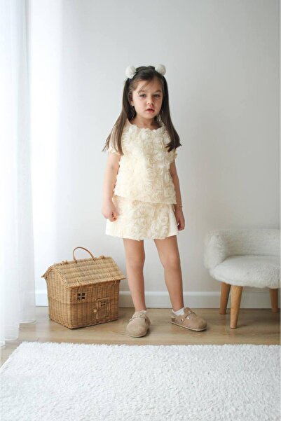 Genel Markalar Kız Çocuk Giyim Moda Bluz-Etek Görünümlü Short(Şort) Desenli Elbise İkili Takım