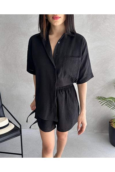 Fav Style Women's Aerobin Linen Short Sleeve Shirt and Shorts Bottom-Top Suit Black