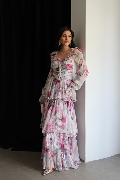 Julidress Chiffon Sweetheart Neckline Chest Binding Detailed Special Production Maxi Long Fold Premium Design Dress