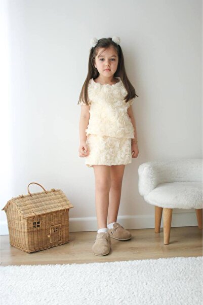 Genel Markalar Kız Çocuk Giyim Moda Bluz-Etek Görünümlü Short(Şort) Desenli Elbise İkili Takım