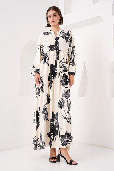 modaserdem 2423 Authentic Patterned Hijab Dress - D.Cream