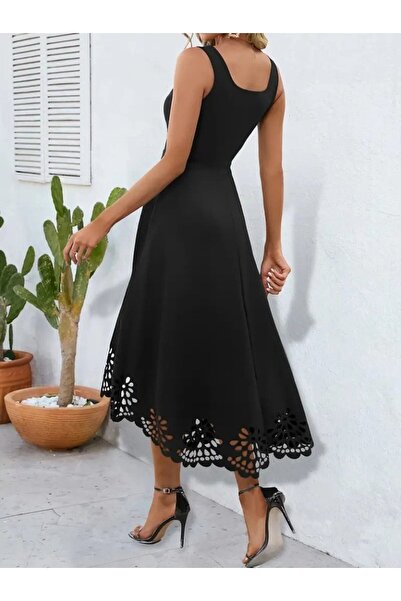 buğrahayalin Women's Strap Geometric Neckline Flower Laser Cut Imported Crepe Dress